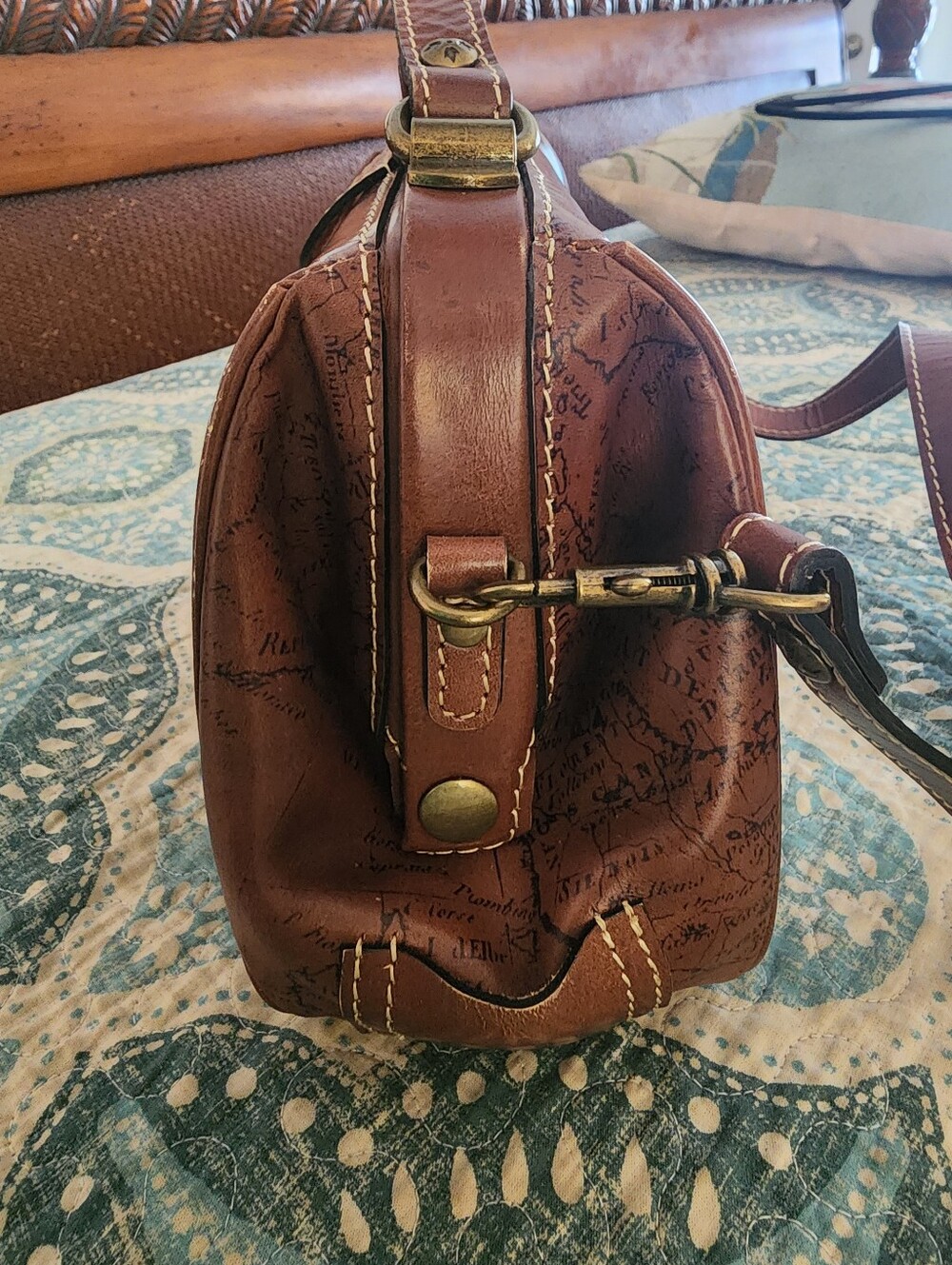 Patricia Nash Vaneto Kiss Lock Brown Map-Print Leather Crossbody Bag - Picture 9 of 14